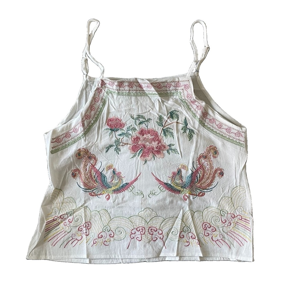 Boho Embroidered Phoenix Bird Peony Tank Top White Cami Womens M/L Art To Wear